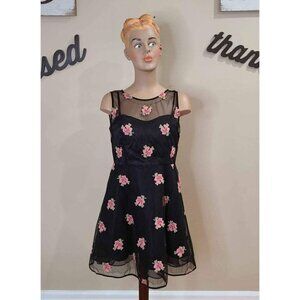 New Minuet Petite Black Mesh Floral Embroidered Fit & Flare Dress Size L